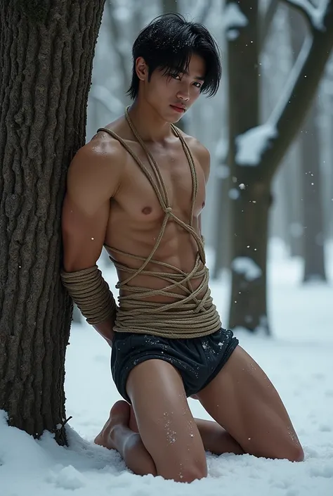 (((muscular,shirtless guy))), (((young, slim, muscular, fit, boy))), (((ripped sixpack))), ((((Trussed up completely with rope)))), ((((ropes trussed across chest)))), (((body trussed up in tight fitting shibari ropes))), (((beautiful boy))), (((beautiful ...