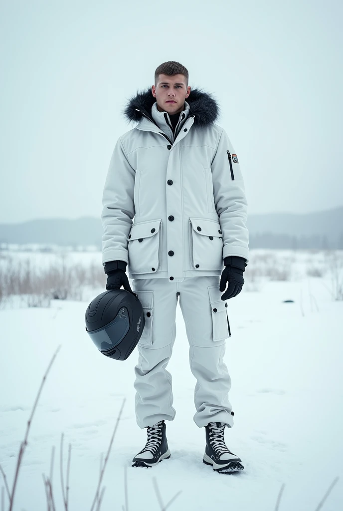 alone, male, standing, white winter jacket, hood up, white cargo pants, black fur around hood, white moter cycle helmet, high top shoes, 18, fit, best quality