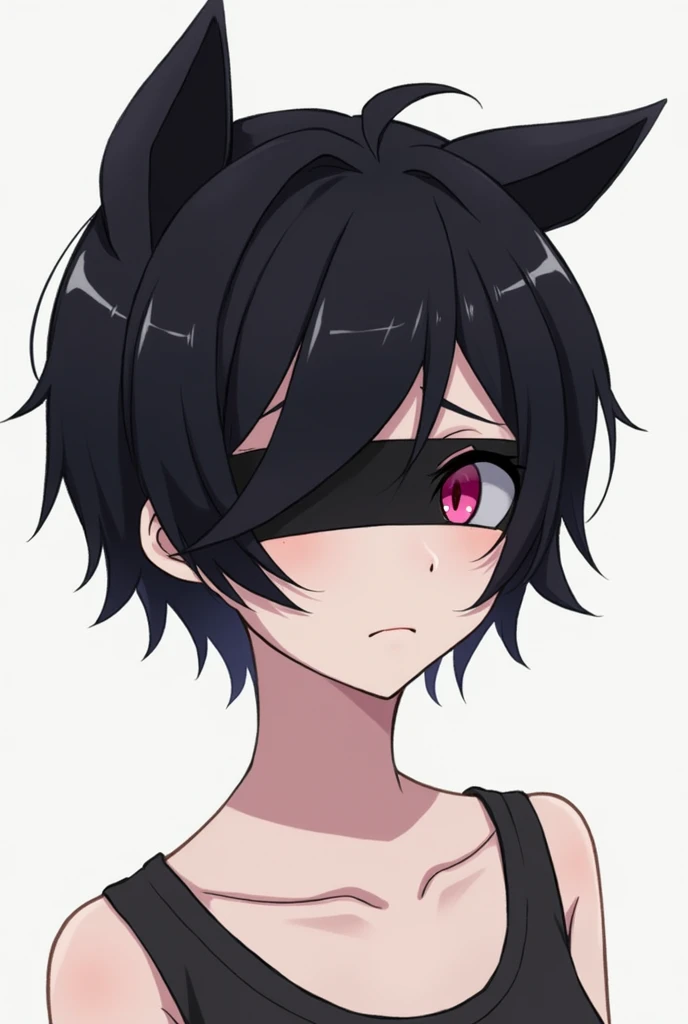 solo, Black Hair, Pink eyes, Diagonal bangs, Straight Hair, Multiple ahoge, Very short hair, Wolf Cut, Bangs in the same direction, Droopy eyes, Blindfold, Tank top