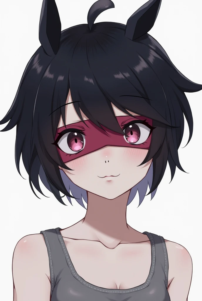 solo, Black Hair, Pink eyes, Diagonal bangs, Straight Hair, Multiple ahoge, Very short hair, Wolf Cut, Bangs in the same direction, Droopy eyes, Blindfold, Tank top