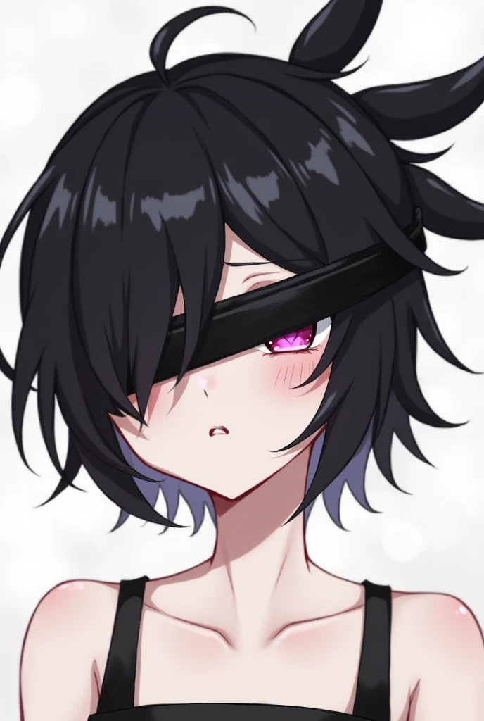 solo, Black Hair, Pink eyes, Diagonal bangs, Straight Hair, Multiple ahoge, Very short hair, Wolf Cut, Bangs in the same direction, Droopy eyes, Blindfold, Tank top