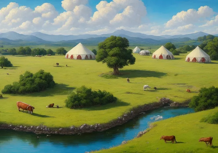 ((masterpiece, best quality)),illustration,Clear focus,Colorful Detailed,Long shot,Green savannah，The small white yurt is on the right side of the picture,There are cattle grazing and walking nearby,Blue sky,White Cloud,There is a small stream on the grass...