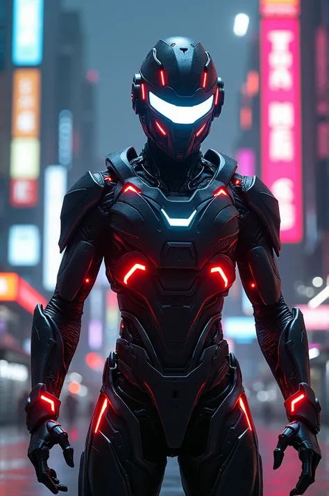 glossy cyborg helmet and costume with white glowing eyes,costume with red glowing eyes, standing in cyberpunk neon city