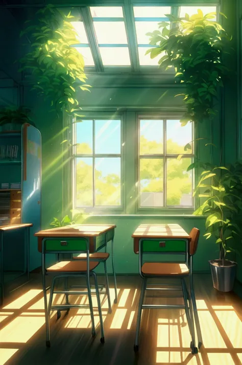 A school classroom with green plants and sunlight shining through the windows, a desk in front of it, anime style, high resolution, high quality, high detail, anime aesthetic, realistic, anime art, anime style, high details, anime, anime composition, anime...