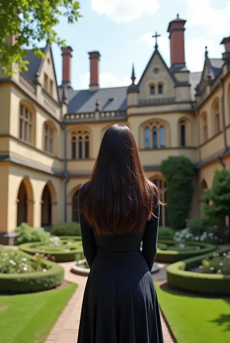 Panoramic photo of English style learning institute, A young woman in an elegant uniform stands with her back turned, very long waist-length dark brown hair, brown skin, latina 


SeaArt Infinity combines deep natural language understanding and high-qualit...