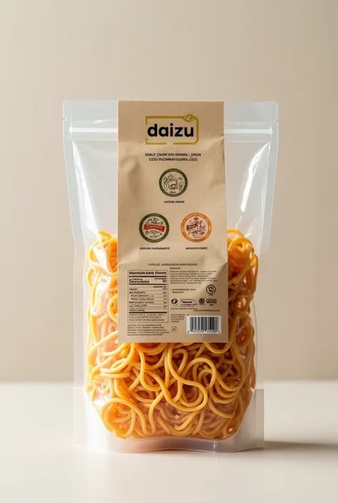 The product of soy ramen noodles (seeds, ramen and udon) from DAIZU will be presented in an ecological packaging and are marketed dry, with a minimalist design that reflects the authenticity and homemade quality of the product. The package will have the fo...