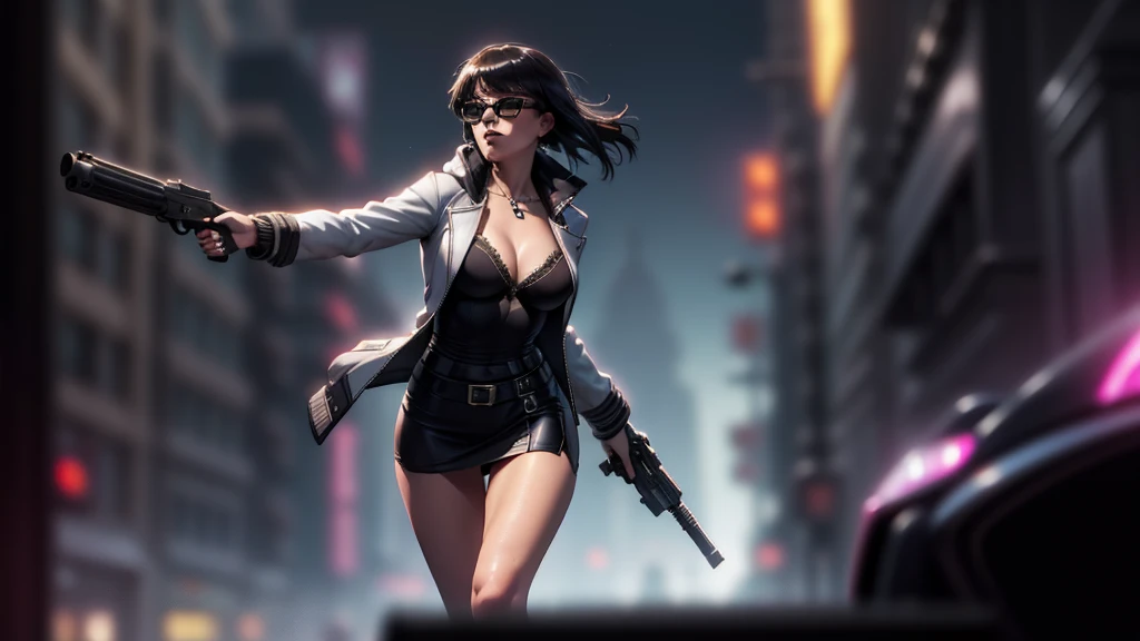 cyberpunk-style city with a nocturnal vibe with Blade Runner-like aesthetic references, glowing huge clock tower as time machine. At night, (1girl, solo, alone), photorealistic, medium-breast slim:0.6 body, oval:0.5 face, cleavage:1.1, sexy black laced bra...