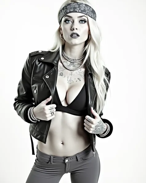 russian milf woman, biker gang member, platinum blonde hair (straight, middle part) with bandana headband, with very light blue eyes, extremely pale. Wearing cropped black moto jacket, push up bra bra, leggings and white tennis sneakers . Lots of metallic ...