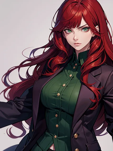 green eyes, red hair with long bangs, noble, mafia. sadistic women, wavy long hair. black purple jacket. strong woman. background in mansion