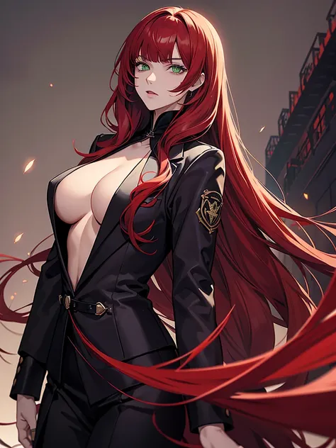 green eyes, red hair with long bangs, noble, mafia. sadistic women, wavy long hair. black purple jacket. strong woman. background in mansion