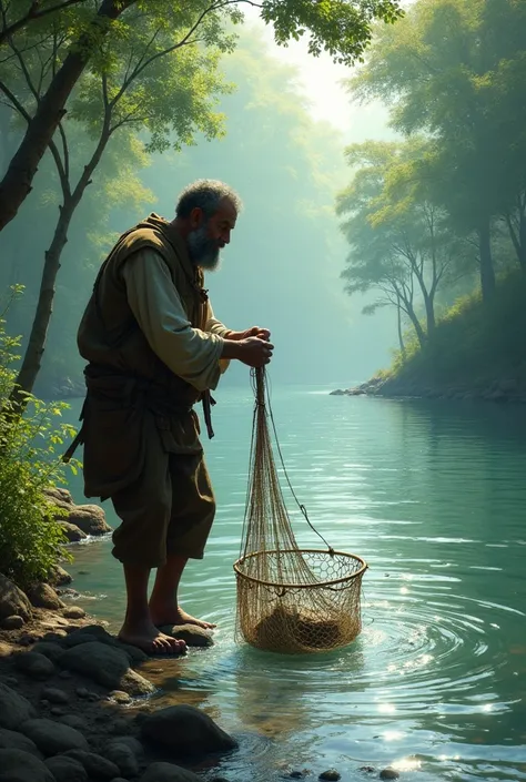 Poor man catching fish in river with net