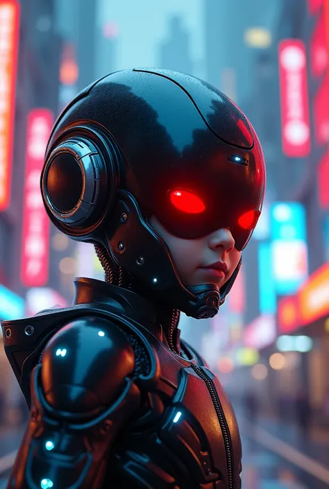 glossy cyborg helmet  boy and costume with white glowing eyes,costume with red glowing eyes, standing in cyberpunk neon city