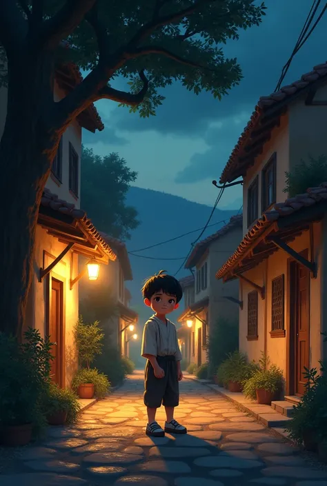 Image size (1536×848) a boy on the street of village in night 