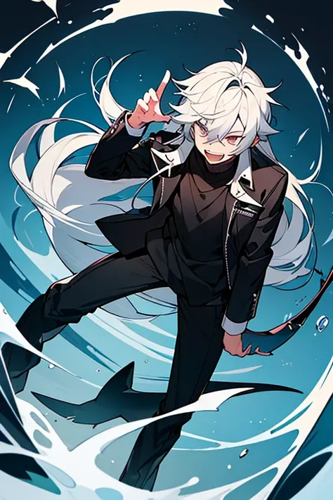 boy. shark, there is a sharks tail, fins and fish ears, scales and sharp teeth. He is wearing a black jacket with white long sleeves, long black trousers and black boots. long hair.