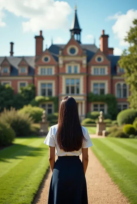 Panoramic photo of English style learning institute, A young woman in an elegant uniform stands with her back turned, very long waist-length dark brown hair, brown skin, latina 


SeaArt Infinity 