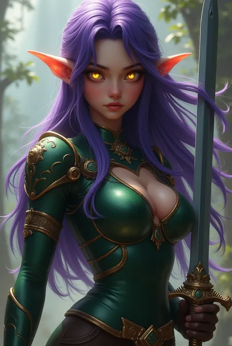 Final Fantasy game theme. Image of a 2 elf with Violet hair standing holding her favorite sword,huge perky breasts, wide hips, narrow waist, perfect big glutes,golden bright glowing eyes, lond dark purple hair flowing with the wind, He wore light armor in ...