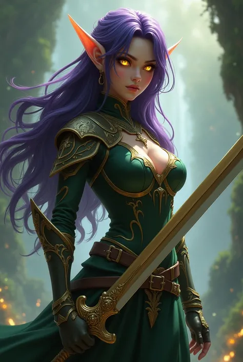 Final Fantasy game theme. Image of a 2 elf with Violet hair standing holding her favorite sword,huge perky breasts, wide hips, narrow waist, perfect big glutes,golden bright glowing eyes, lond dark purple hair flowing with the wind, He wore light armor in ...