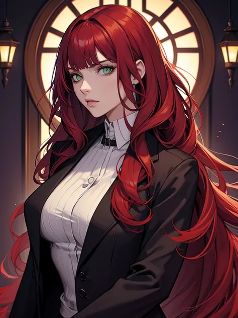 green eyes, red hair with long bangs, noble, mafia. sadistic women, wavy long hair. wear black purple jacket. strong woman. background in mansion