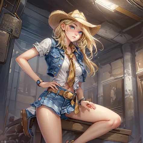 (((1 person:2.0))),(((Cowgirl Costume))),(((Slim Body 1.5))),(((Small Ass))),(((Denim mini skirt))),(((Wearing one belt))),(((He is wearing a sleeveless collared shirt, Plaid, Front tie shirt.))),(((Wear an accurate watch))),(((Sandals))),(((Showing cleava...