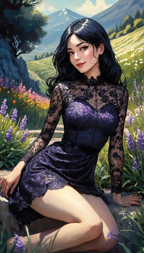 1 girl, long black hair, lavender, short black dress, lace dress, smile, flower garden, full body, sitting, mountains in the distance, light particles, (depth of field, cinematic angle, cinematic lighting: 1.2), blurred background, blurred foreground, (mas...