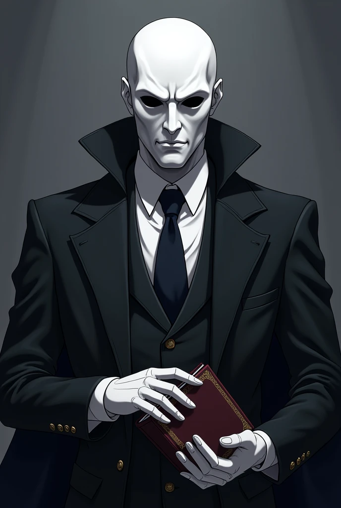 Man with a villainous appearance, not Smoke&#39;s negro, with a white full face mask, you can&#39;t see his eyes, white gloves and a book, Posing, anime style  