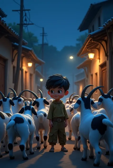 Image size (1536×848) a boy on the street of village in night, around the boy have many goats, goats colour are white with black spots,