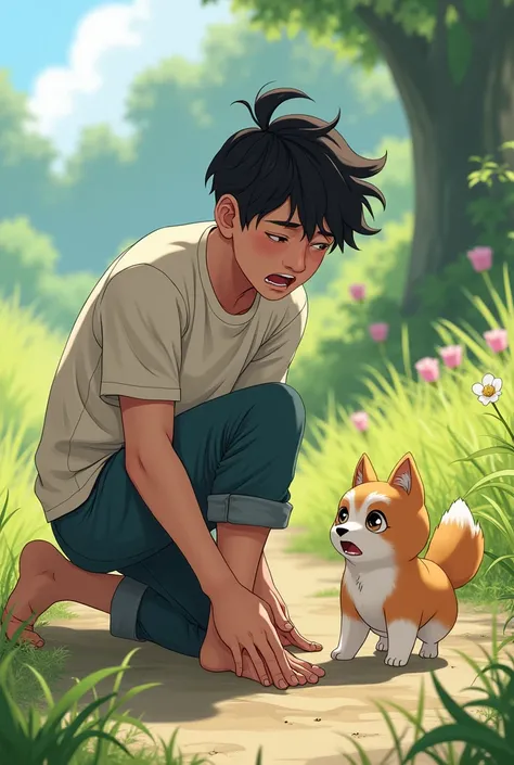 Ling twists his ankle
- Ling falling and clutching his ankle in pain, with the rare flower nearby, and Mochi rushing towards him in concern.