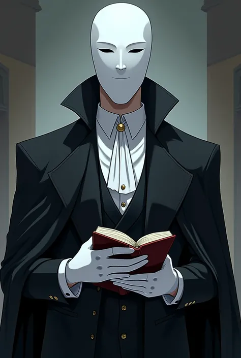 Man with a villainous appearance, not Smoke&#39;s negro, with a white full face mask, You can&#39;t see his eyes or mouth, white gloves and a book, Posing, anime style  