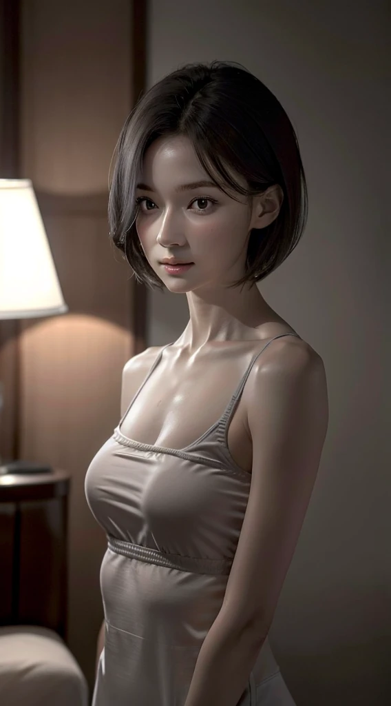 looking at the audience, movie lighting, perfect, soft light, High resolution skin:1.2, Realistic skin texture, The body  tired from exercise、20 years old、a small face、No makeup、makeup lamp、short hair、dark brown hair、Bust B cup、Big breasts、Off the shoulder...