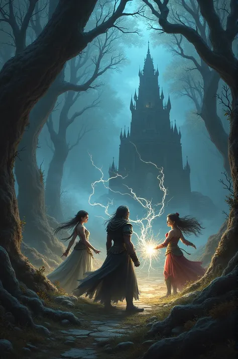 A tense battle scene in a dark forest near an ancient temple. Elara, a brave young princess, and Ilyana, a powerful sorceress, face off against Maro, a menacing dark wizard with a sinister expression. Maro is casting spells, summoning shadowy creatures, wh...