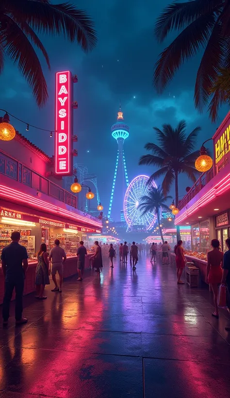 anime Miami Bayside market , neon lights, miami vice vibes, , Ferris wheel at far away, with stars and roller coaster at far away