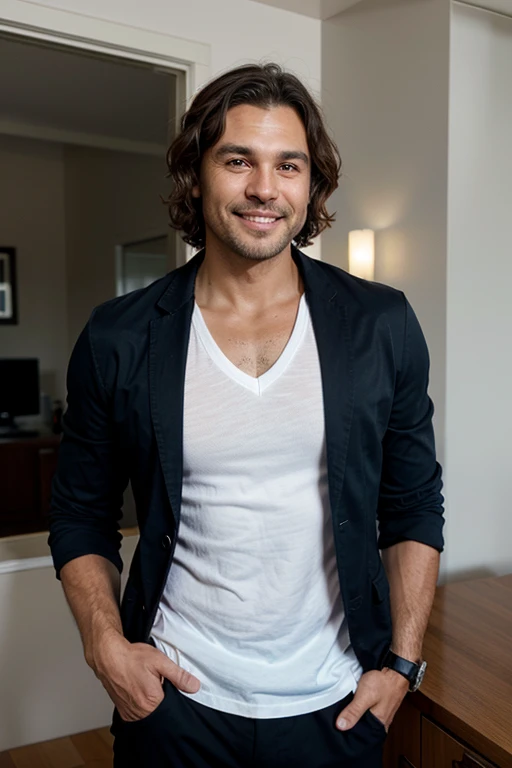 Handsome Man 40 years old,has a white cat and one brown Shih Tzu dog, lean muscular body, tan skin olive, his eyes are blue, 1.90m, his hair is dark brown with natural waves that flow down his shoulders, stubble unshaved, wearing a black blazer, blue shirt...