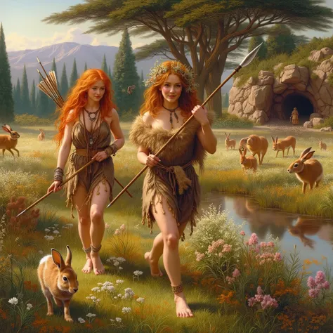 two Neolithic women, one with red hair and a sweet content face expression, one with golden hair and arrows, walking confidently in a flowery meadow with spears in hand, hunting hares and rabbits, with ancient trees and a hidden cave in the background, oil...