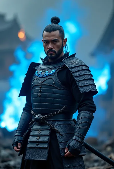 a elite warrior male samuria in full armor colored in black and blue with destoryed buildings behind him on fire with blue flames