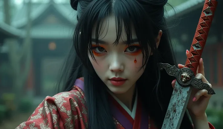 Create a photorealistic half-body image of a female character inspired by the medicine seller from Mononoke in the Karakasa arc, as if it were from a live-action adaptation. She has long, flowing black hair styled elegantly, and her face is adorned with tr...