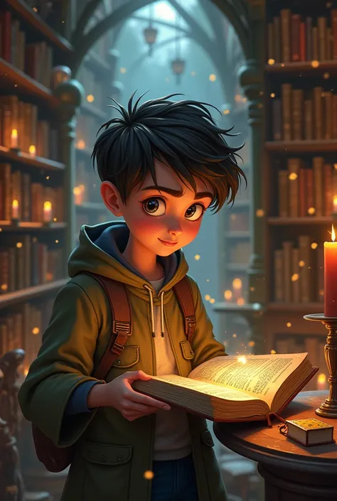 Boy Discover the Magic Book in the bookstore of man