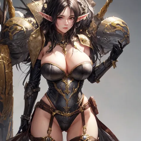 Beautiful mature milf elf with gray skin and black hair and brown eyes in leather armor with big breasts and daggers  UHD, textured skin, super detail, high details, high quality,
