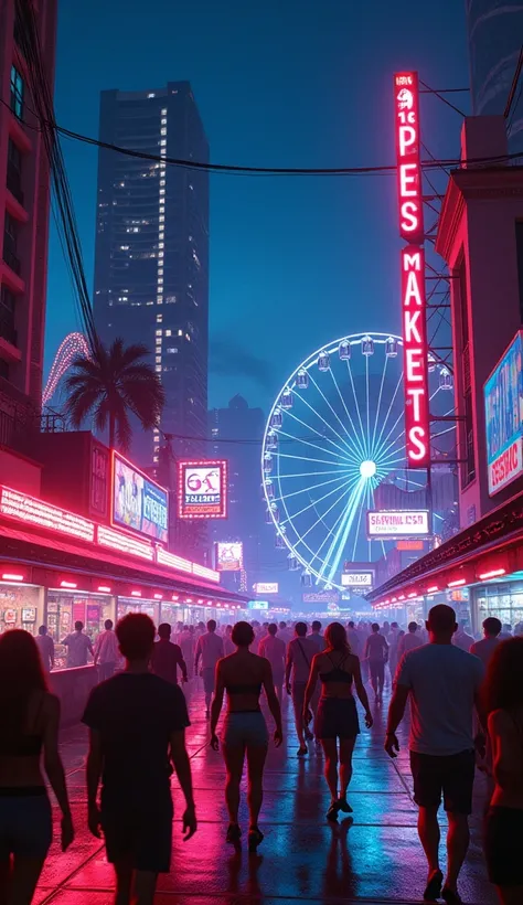 anime cyberpunk Miami Bayside market with people , neon lights, miami vice vibes, , Ferris wheel at far away, with stars and roller coaster at far away