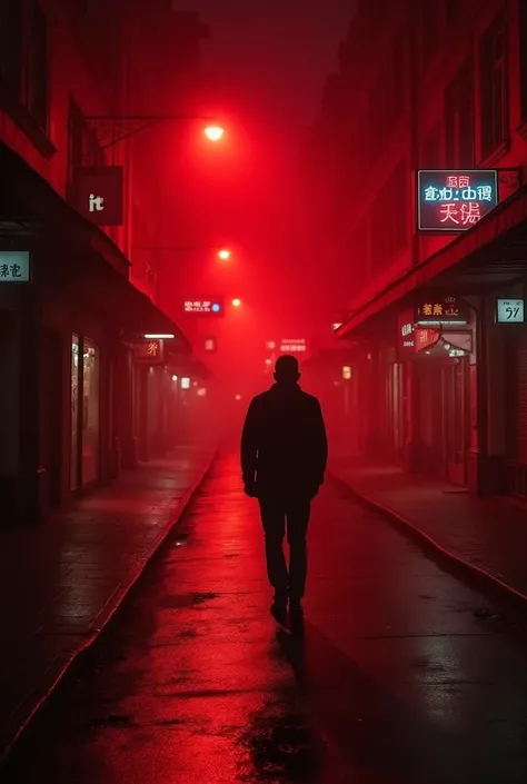 A man walking alone through a street and the street light colour in red