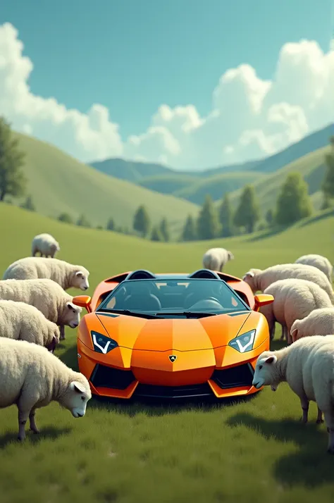 Sheeps around Lamborghini
