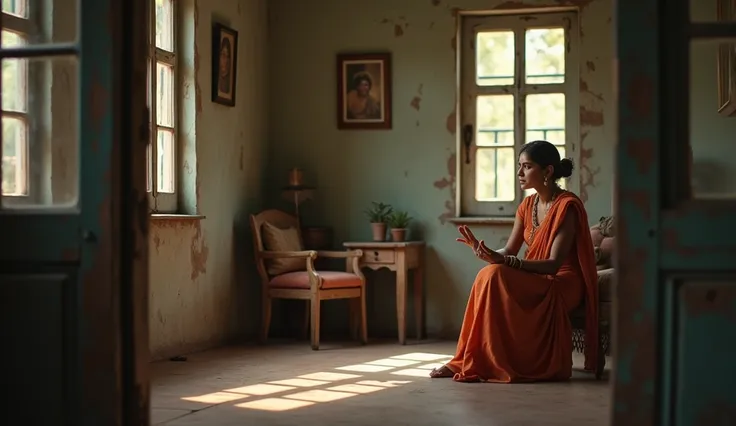 An Indian woman is sitting in an old house and she is talking