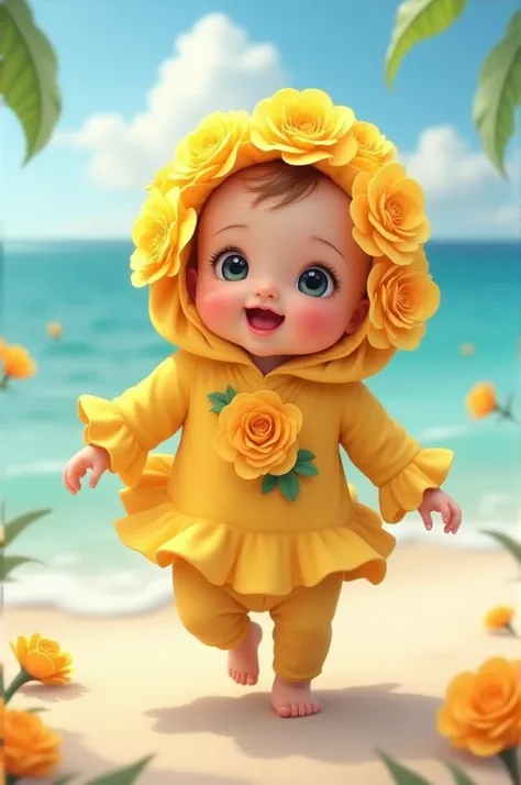 baby in a yellow rose costume walking in the beach happy, brave, magical, cute