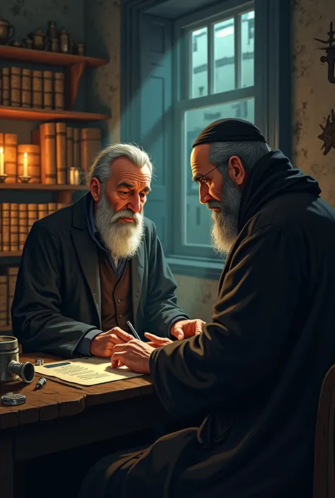 A 19th-century Russian doctor, Nikolay Pirogov, examining a monk in a dimly lit, old Jerusalem clinic, with tension visible in their expressions; realistic cartoon style with cinematic lighting."