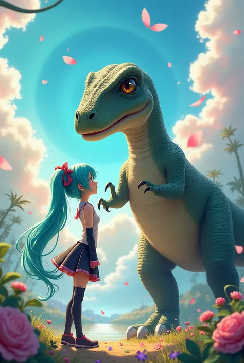 Hatsune Miku and a scary dinasour in love.