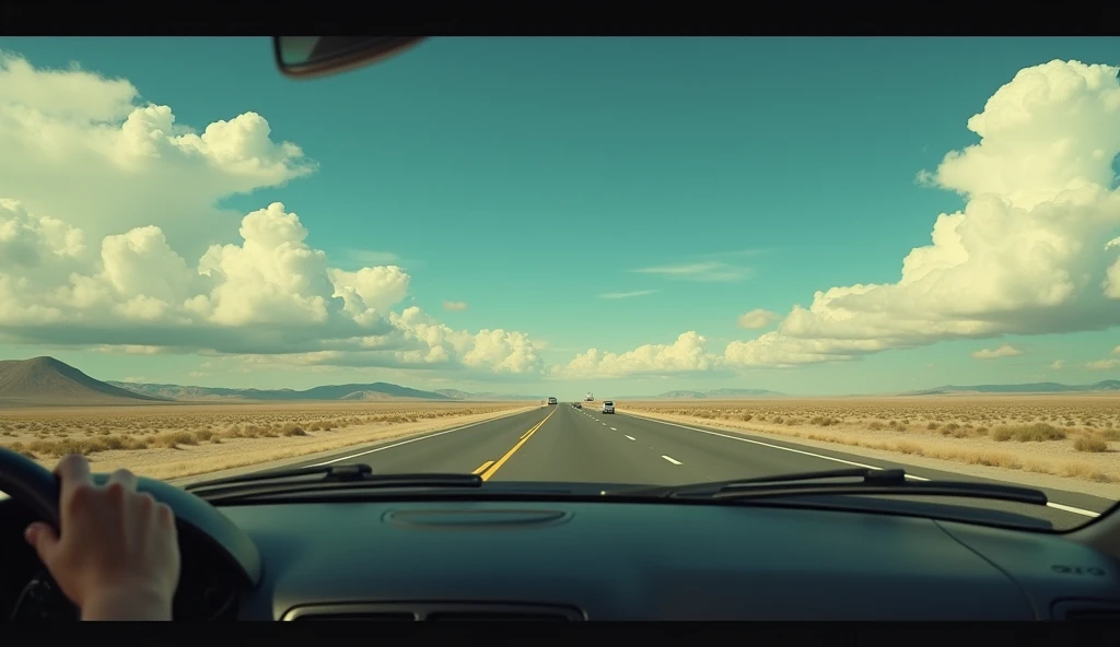 A cinematic representation of a man driving alone on a highway heading south, under a vibrant blue sky dotted with white clouds. The scene is captured in 4K resolution, with an emphasis on the realistic textures of the car and the environment. The camera u...