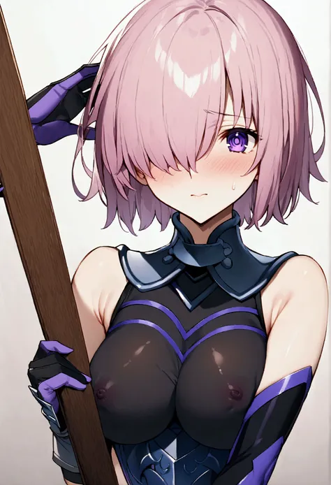 NSFW,masterpiece,Highest quality,High resolution,Very detailed,Mash Kyrielight(Fate/grandorder),short hair、Purple Eyes、Pink Hair、Hair covering one eye,gloves、Shoulder Bare、肘掛けgloves、armor、黒いarmor