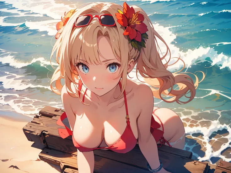 nsfw,( masterpiece), best quality, expressive eyes, perfect face, highres, from above, moody angle, medium breast, full body, solo, 1girl, zetasummer, hair intakes, twintails, hair flower, sunglasses, eyewear on head, red bikini, o-ring, shawl, side-tie bi...