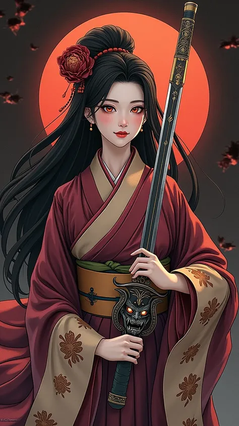 Create a photorealistic full-body image of a female character inspired by the medicine seller from Mononoke in the Karakasa arc, as if it were from a live-action adaptation. She has long, flowing black hair styled elegantly, and her face is adorned with tr...