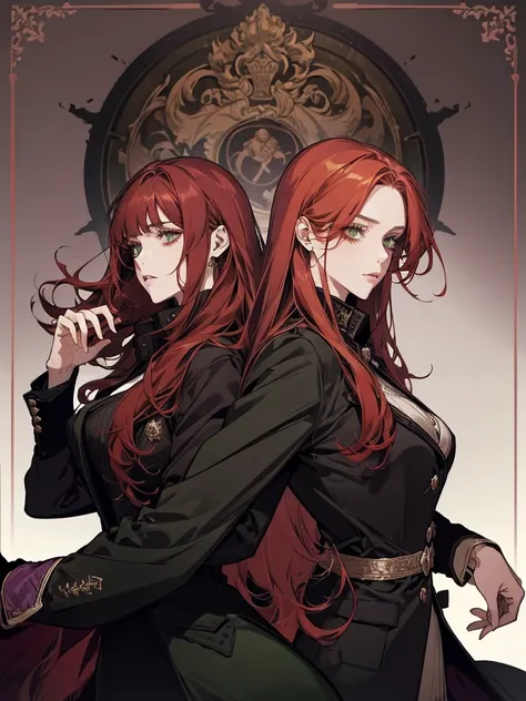 green eyes, red hair with long bangs, noble, mafia. sadistic women, wavy long hair. wear black purple jacket. strong woman. background in mansion