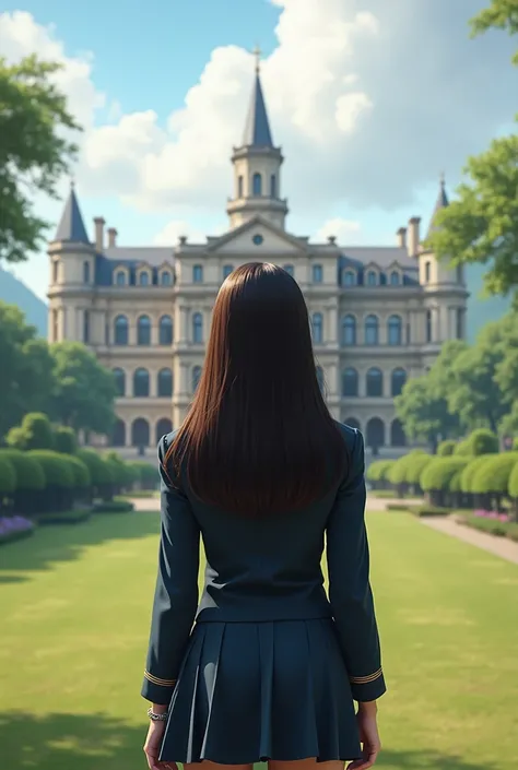 Panoramic photo of learning institute , a teenager with her back turned, with elegant high-class uniform, Very long hair, Waist length hair, dark brown, brown skin, latina seaArt style